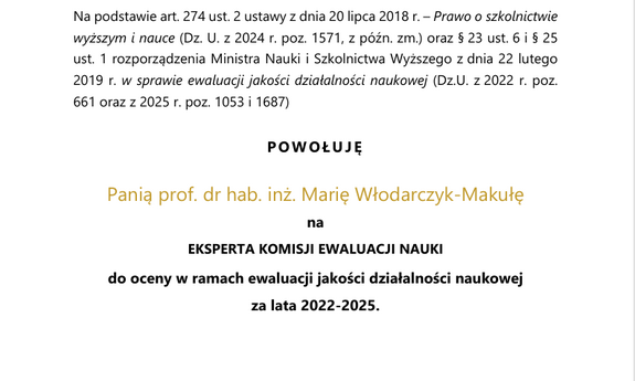 Ekspert Komisji Ewaluacji z Wydziału Infrastruktury i Środowiska
